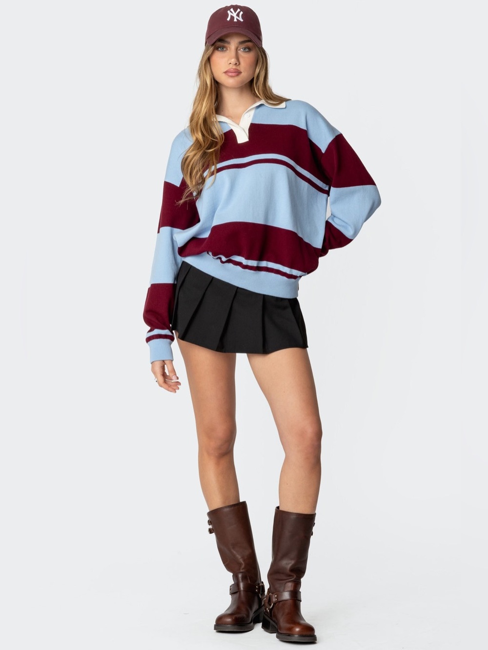 Edikted Kian Striped Polo Sweater Blue Burgundy Size M NWOT - Picture 2 of 8